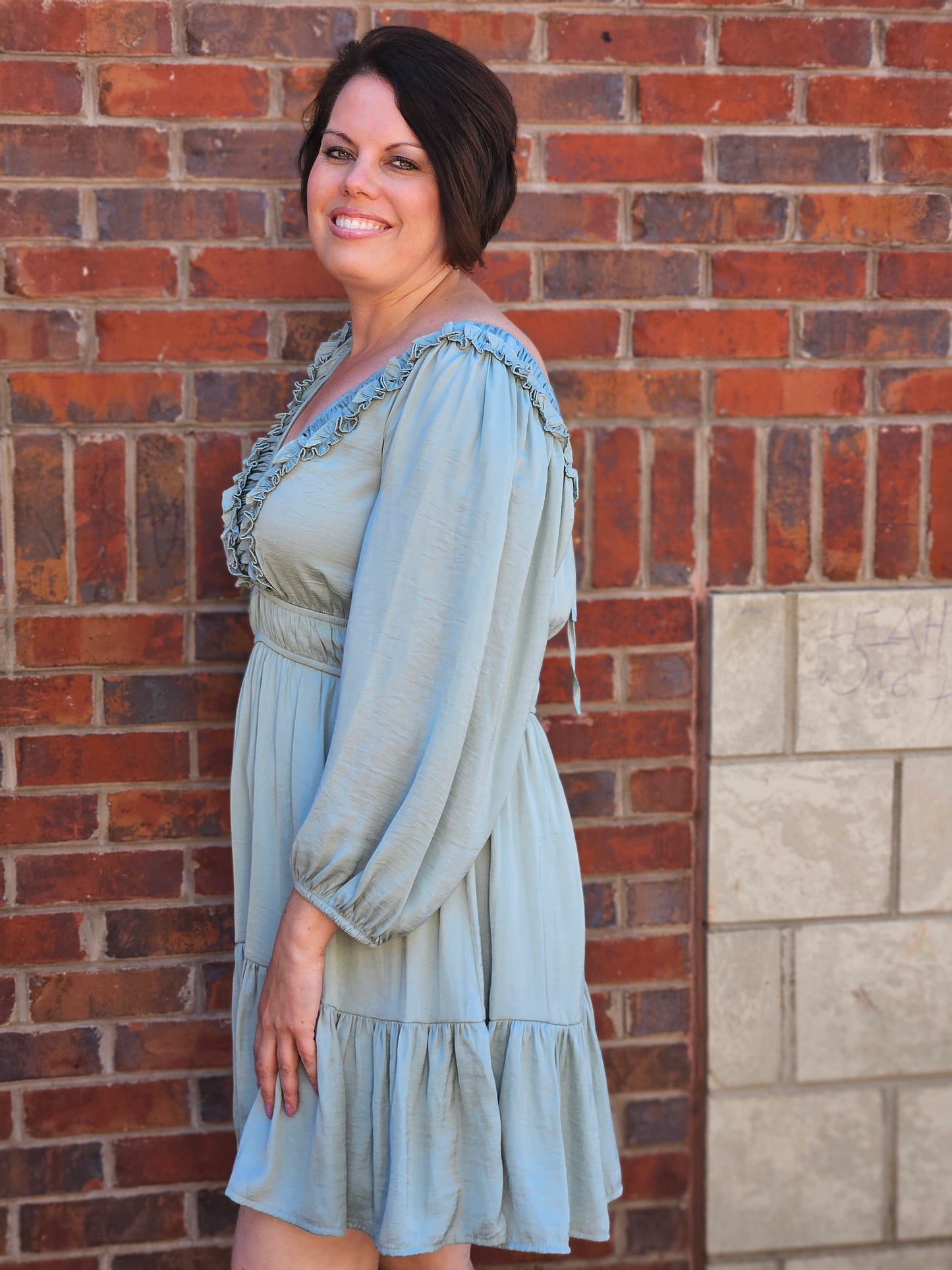 Ruffle V-Neck Mini Dress in Sage
