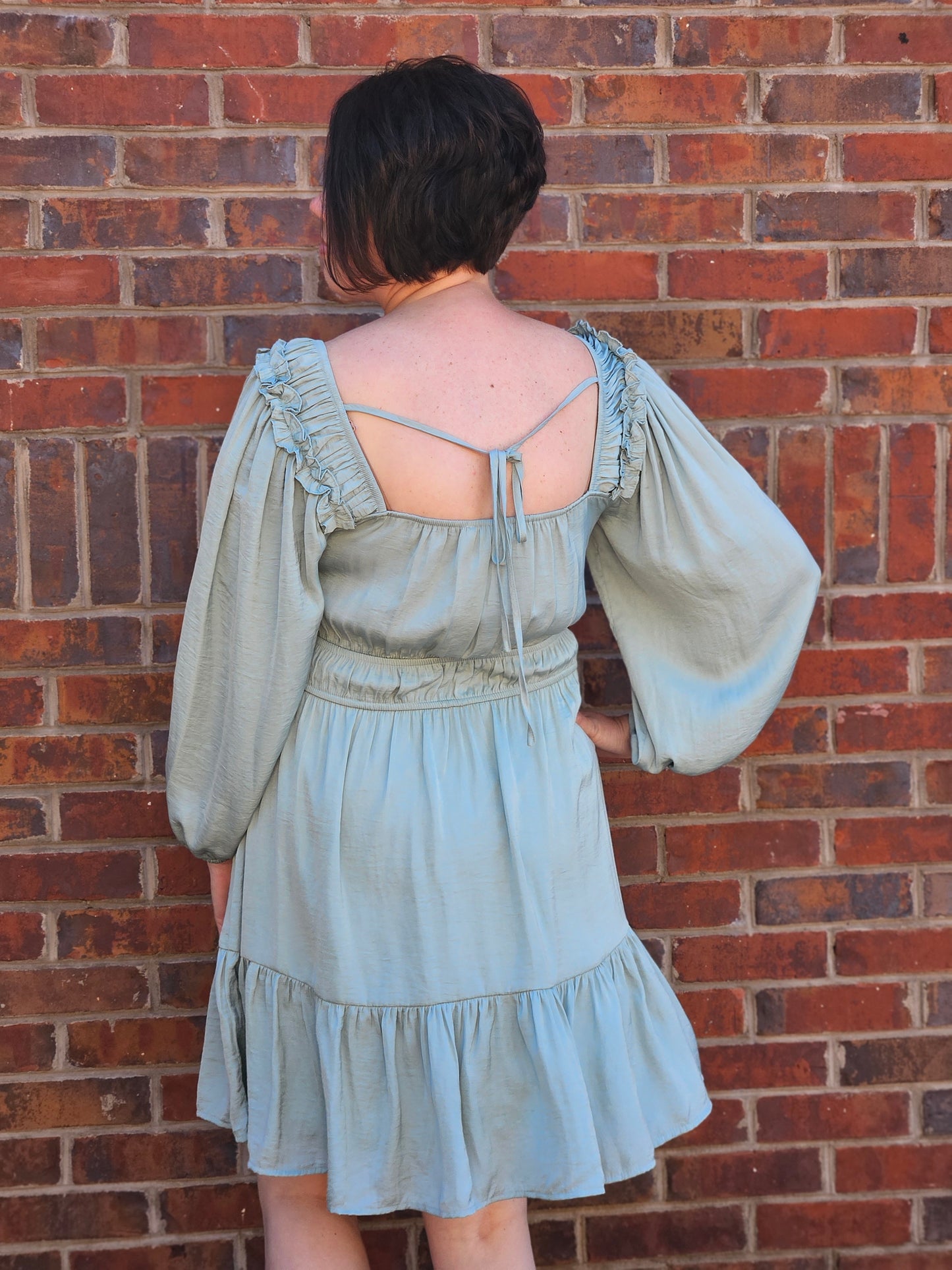 Ruffle V-Neck Mini Dress in Sage