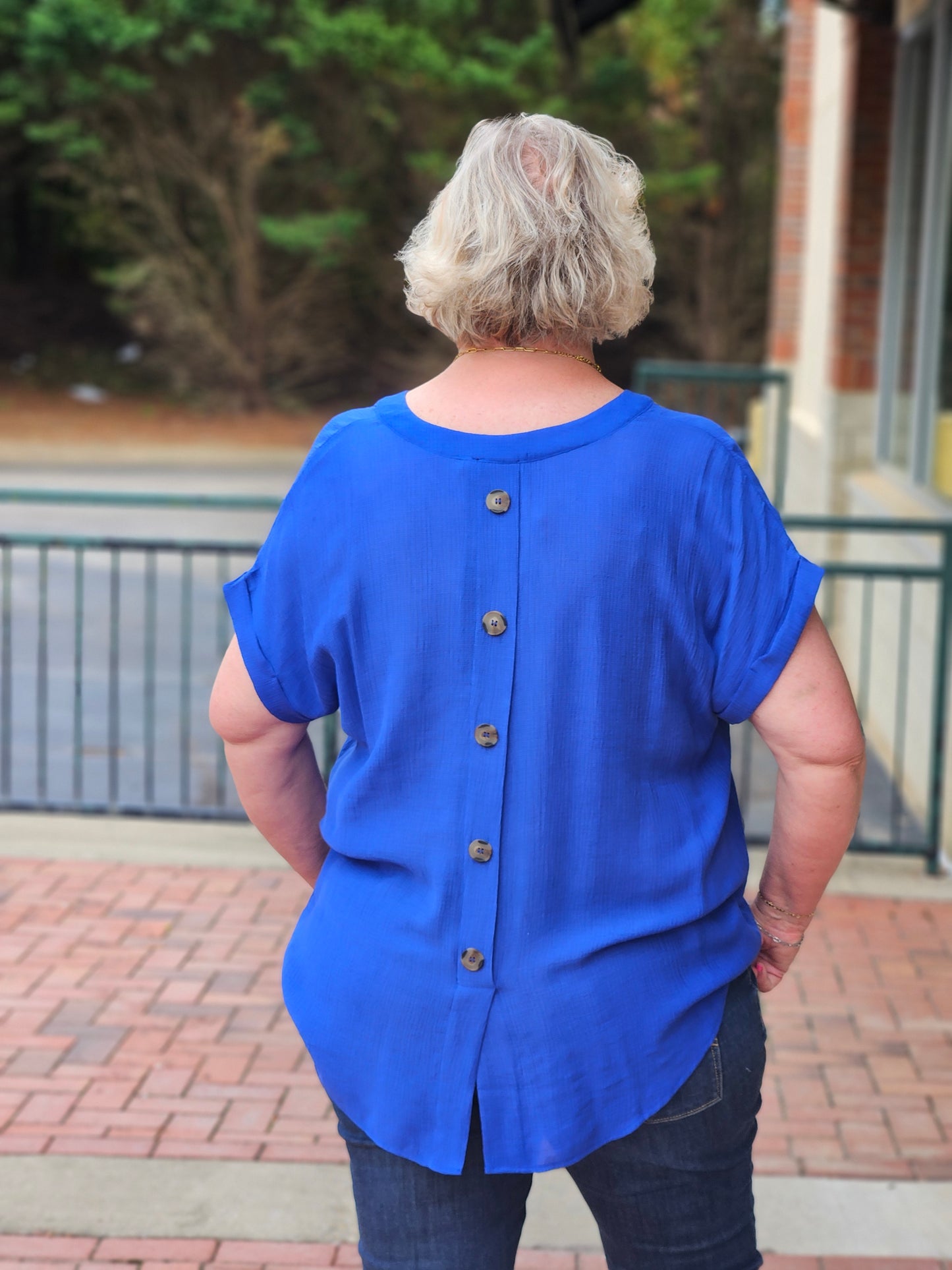 Cuffed Sleeve Woven Top in Royal Blue