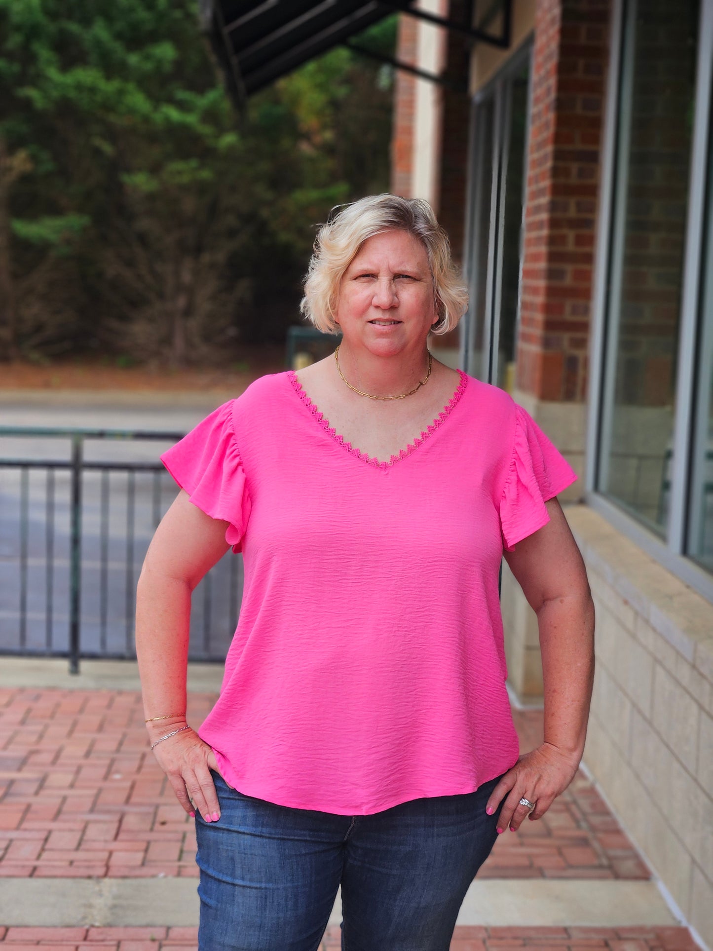 V-Neck Ruffle Sleeved Top in Fuchsia