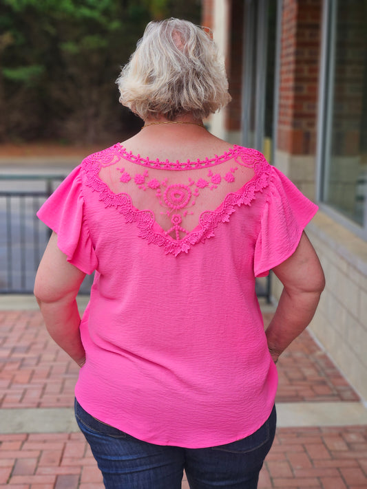 V-Neck Ruffle Sleeved Top in Fuchsia
