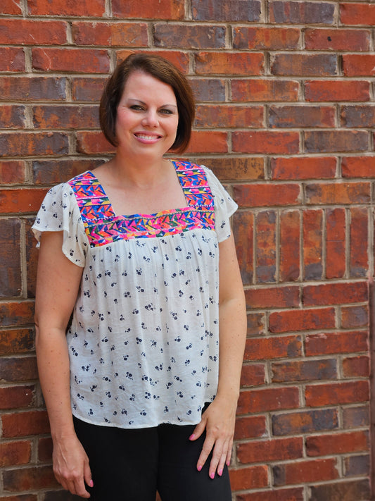 Geometric Floral Embroidered Top in Ivory