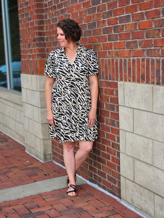 Animal Print Tiered Dress in Black