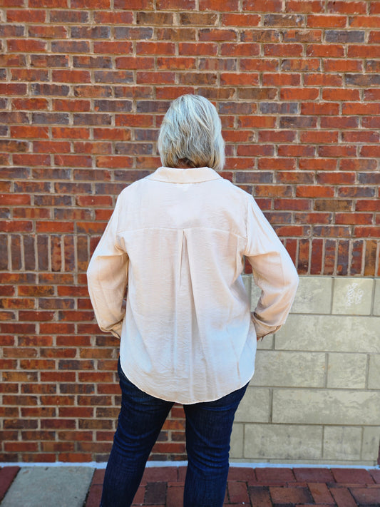 Collared Split Neck Roll Up Sleeve Top in Beige