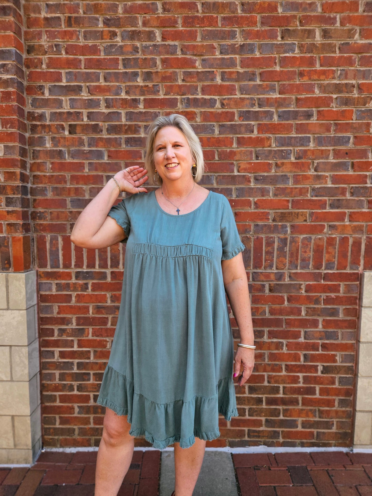 Linen Blend Short Sleeve Dress in Lagoon