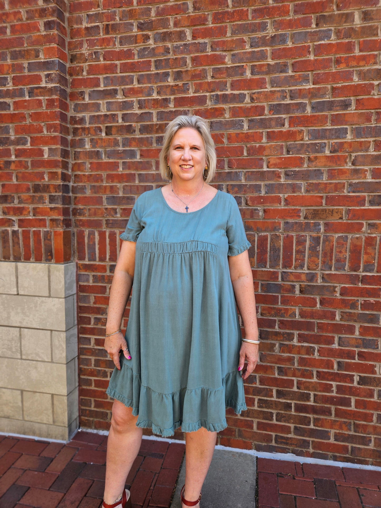 Linen Blend Short Sleeve Dress in Lagoon