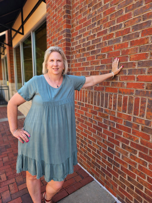 Linen Blend Short Sleeve Dress in Lagoon