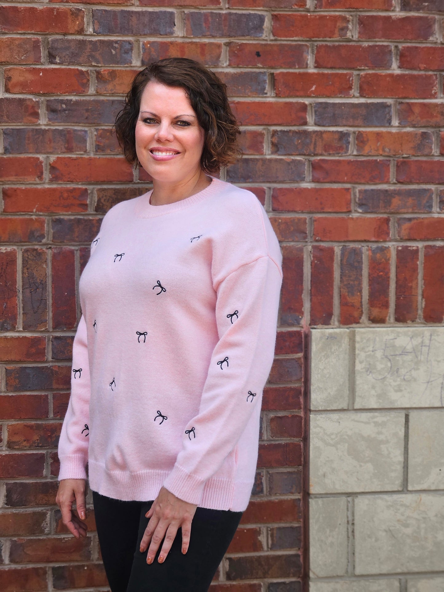 Tiny Bow Embroidered Sweater Top in Pink