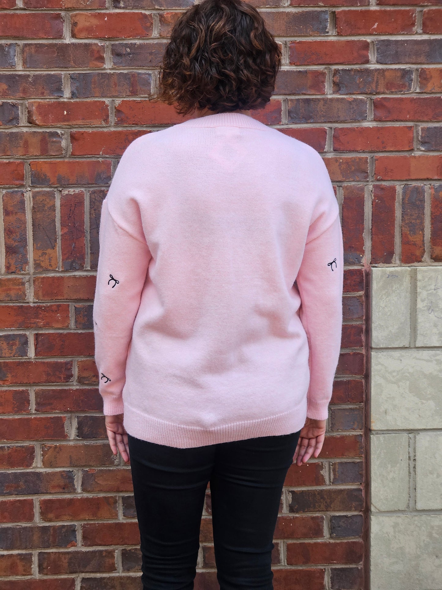 Tiny Bow Embroidered Sweater Top in Pink