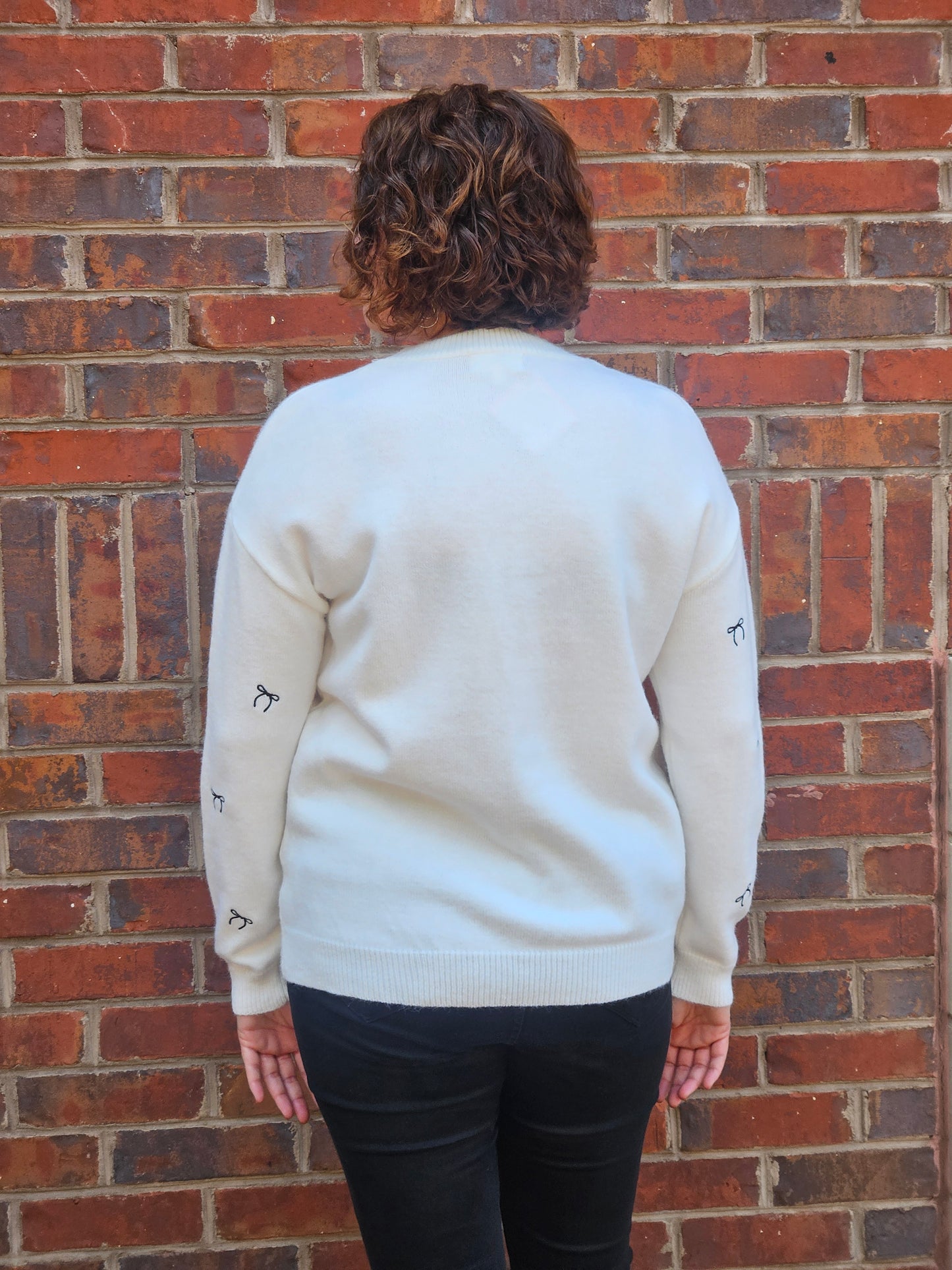 Tiny Bow Embroidered Sweater Top in Off White