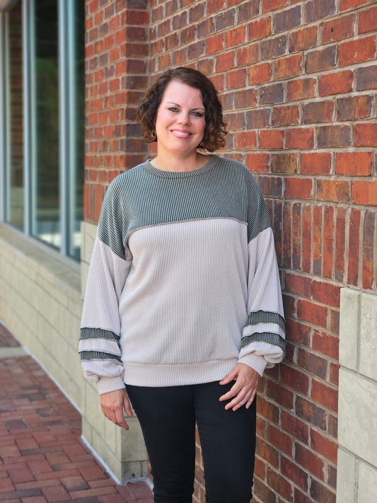 Ribbed Color Block Top in Olive