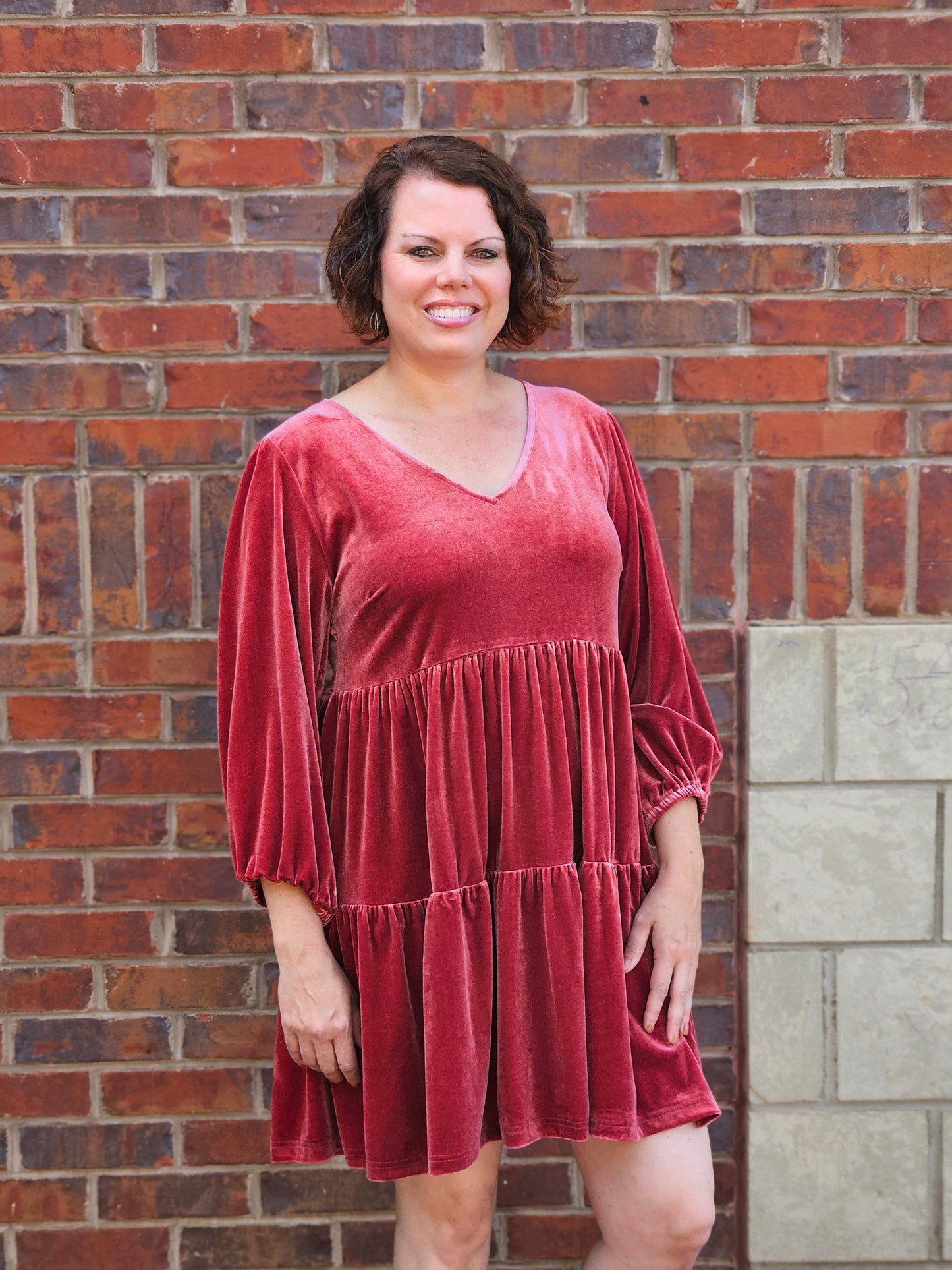 Three Quarter Sleeved V-Neck Velvet Tiered Dress in Berry