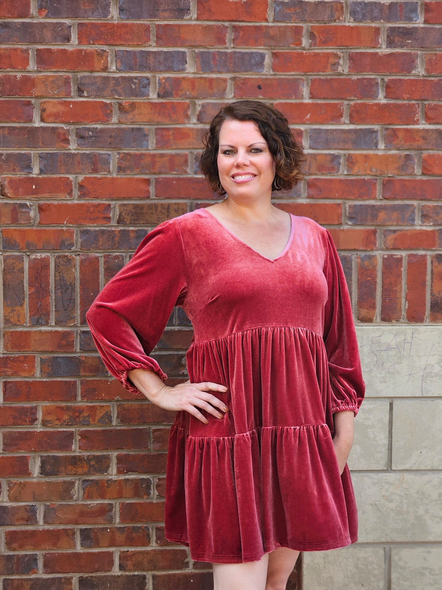 Three Quarter Sleeved V-Neck Velvet Tiered Dress in Berry