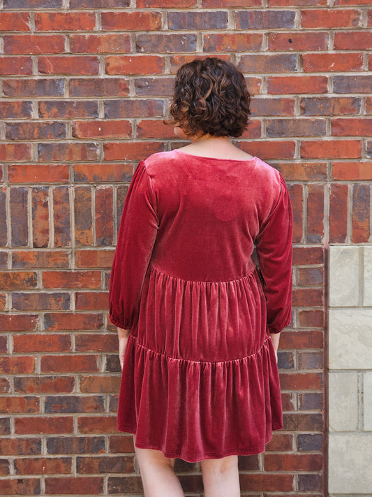 Three Quarter Sleeved V-Neck Velvet Tiered Dress in Berry