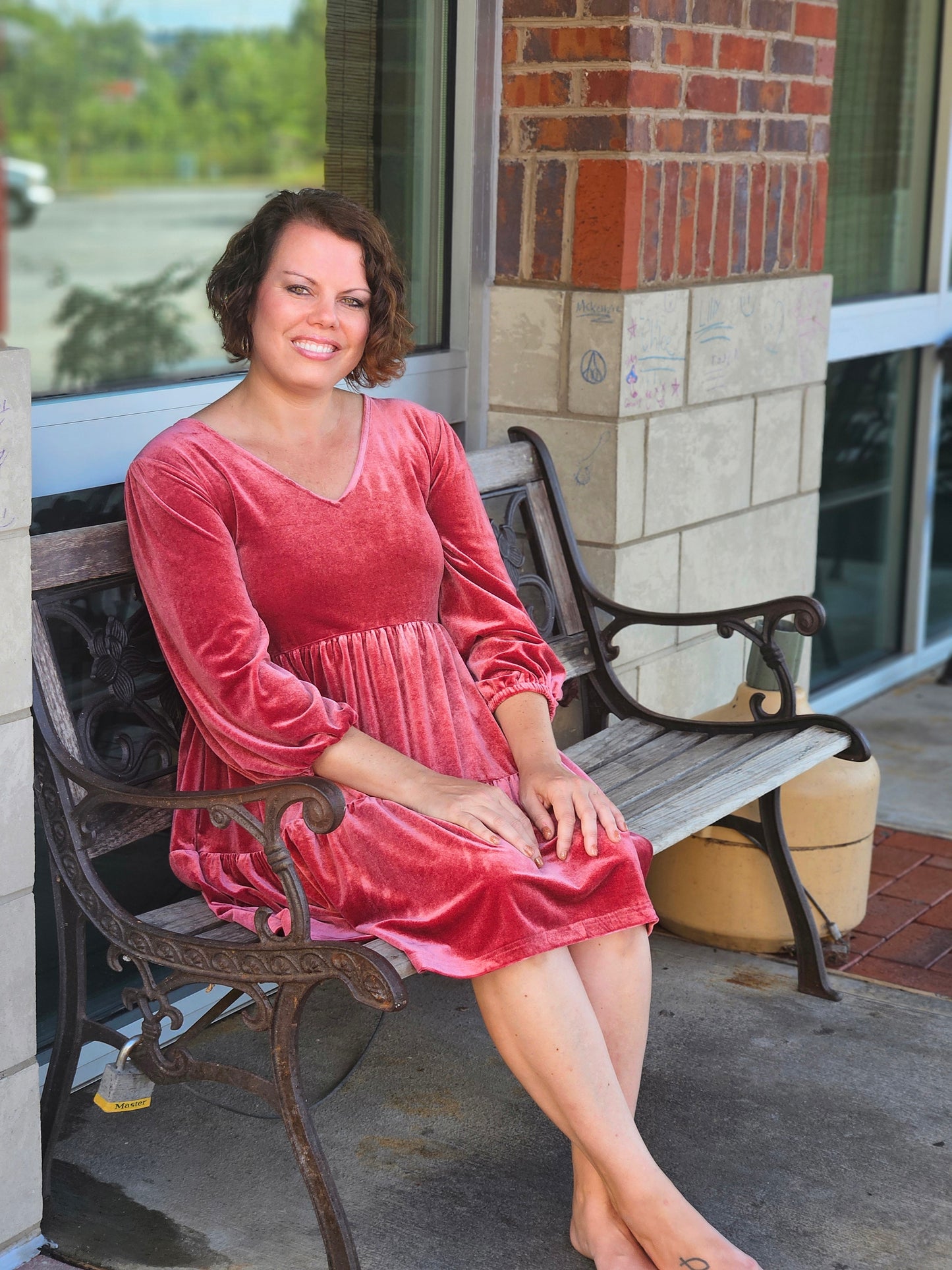 Three Quarter Sleeved V-Neck Velvet Tiered Dress in Berry