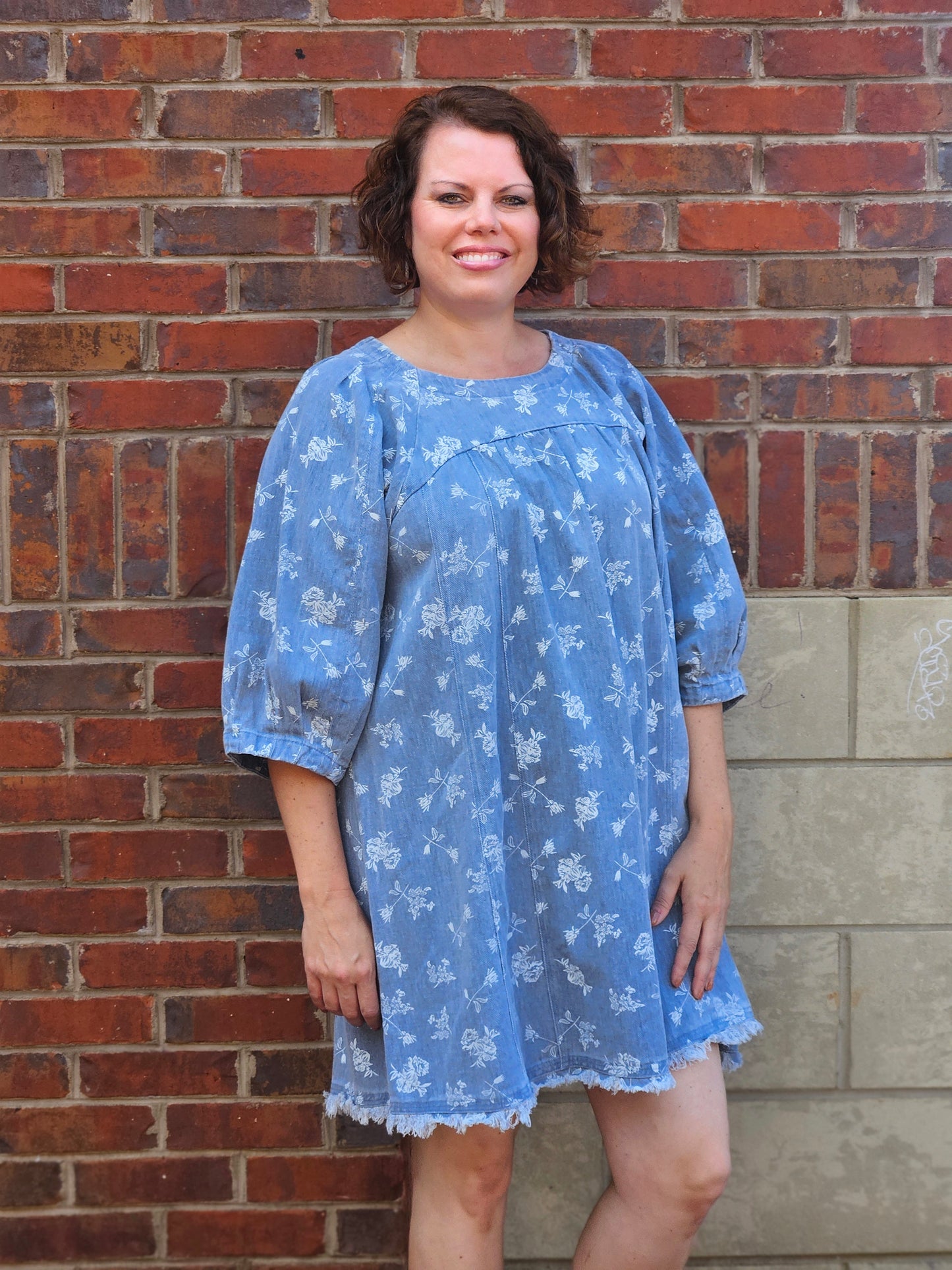 Three Quarter Sleeve Floral Print Round Neck Dress in Denim
