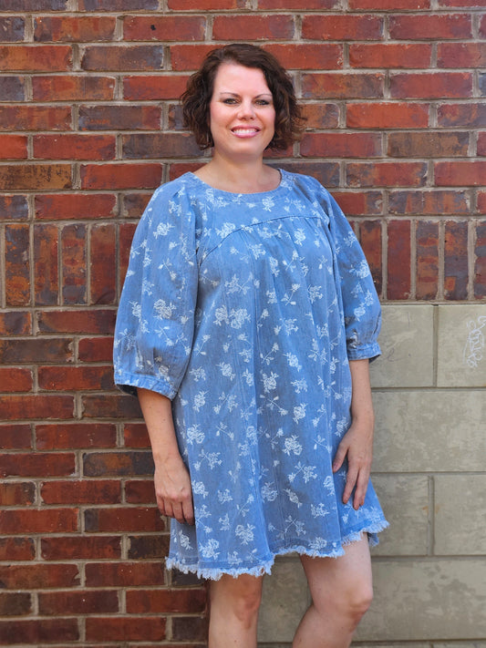 Three Quarter Sleeve Floral Print Round Neck Dress in Denim