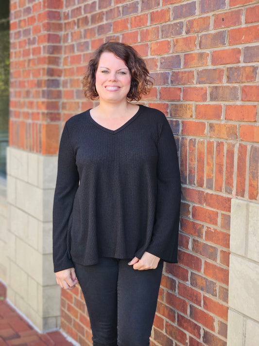Long Sleeve Ribbed Top in Black