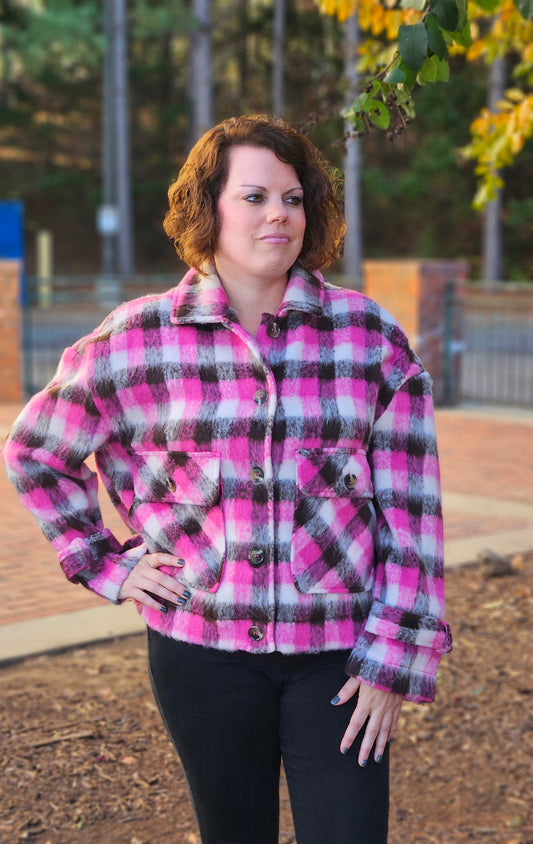 Long Sleeved Brushed Button Down Plaid Jacket in Pink/Black