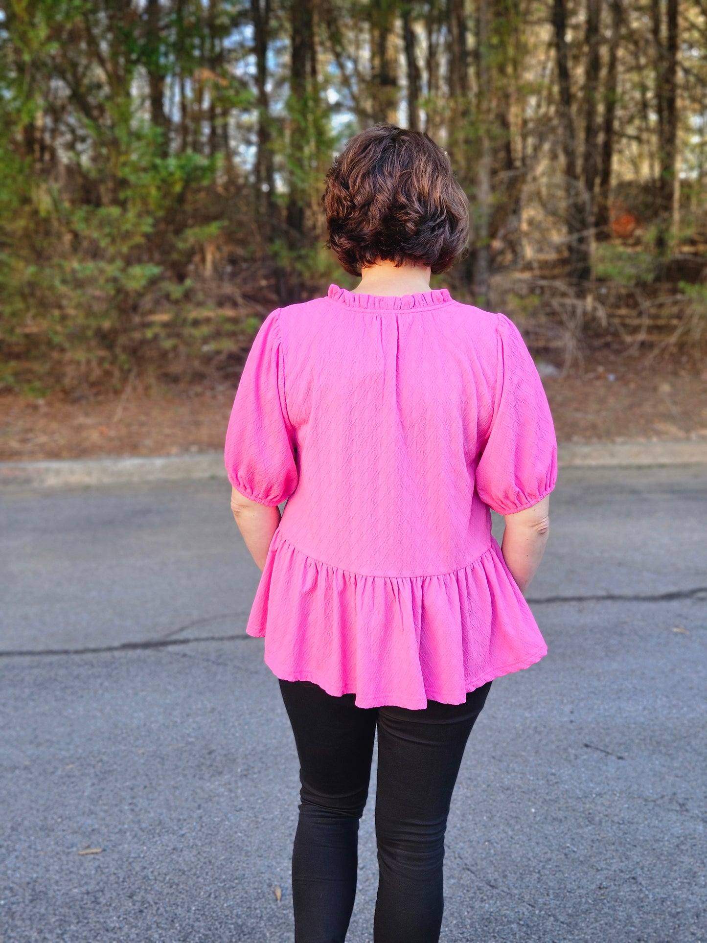 Textured Puff Sleeve Top in Hot Pink