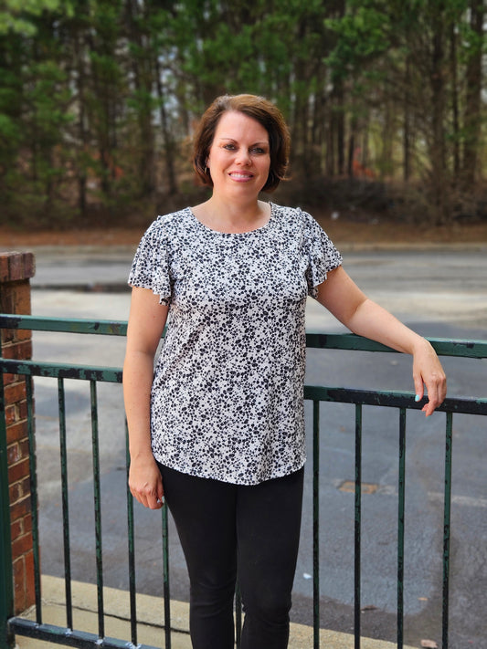 Floral Print Ribbed Top in Black