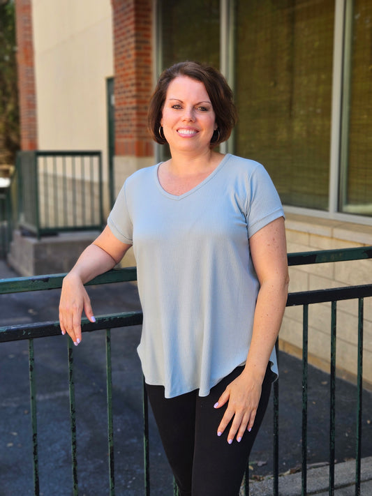 Ribbed V-Neck Top in Sage
