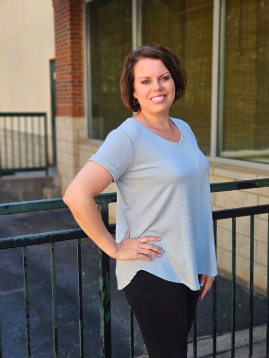 Ribbed V-Neck Top in Sage