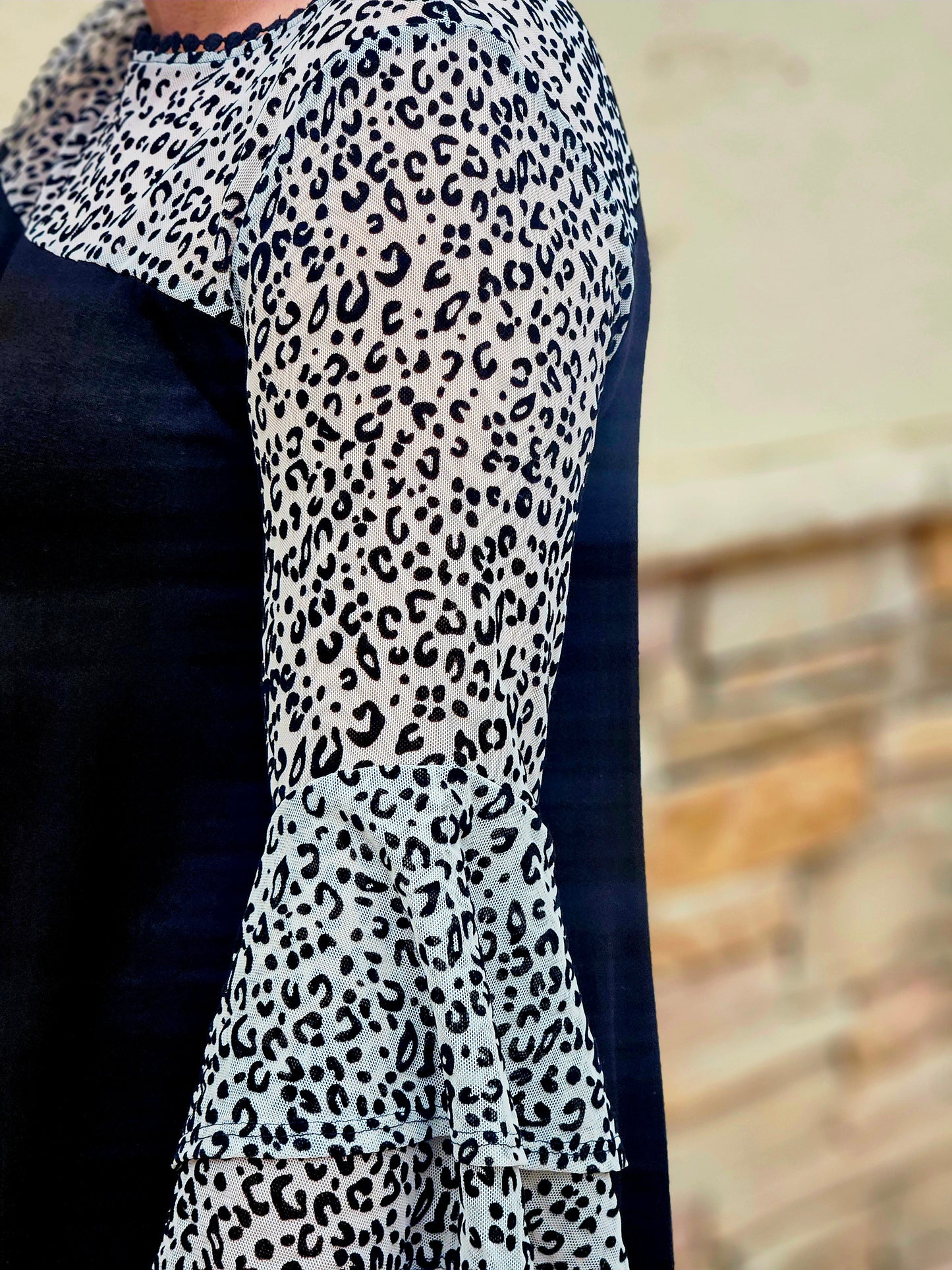 Animal Mesh Contrast Two Tier Bell Sleeved Top in Black/Ivory