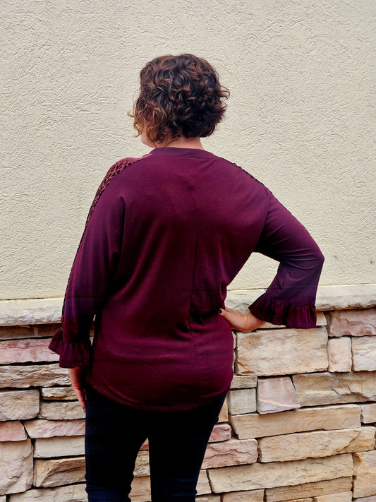 Animal Velvet Mesh Contrast Detail Top in Burgundy