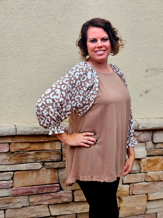 Animal Print with Frayed Hem Top in Latte