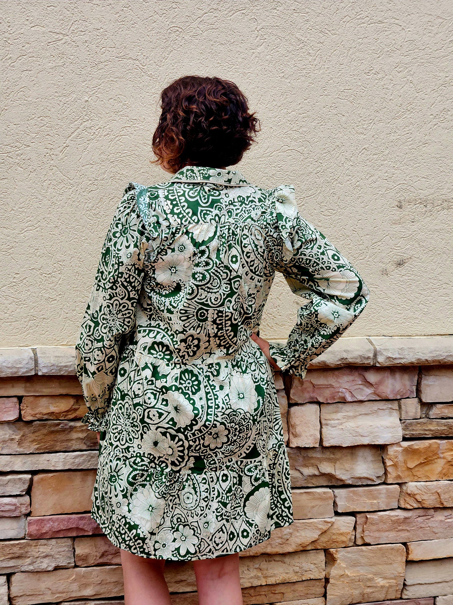 Printed Piping Detail Dress in Olive