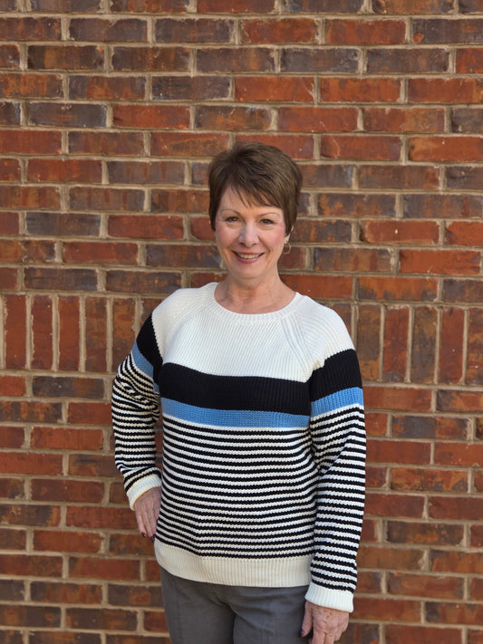 Striped Round Neck Sweater Top in Black Ice