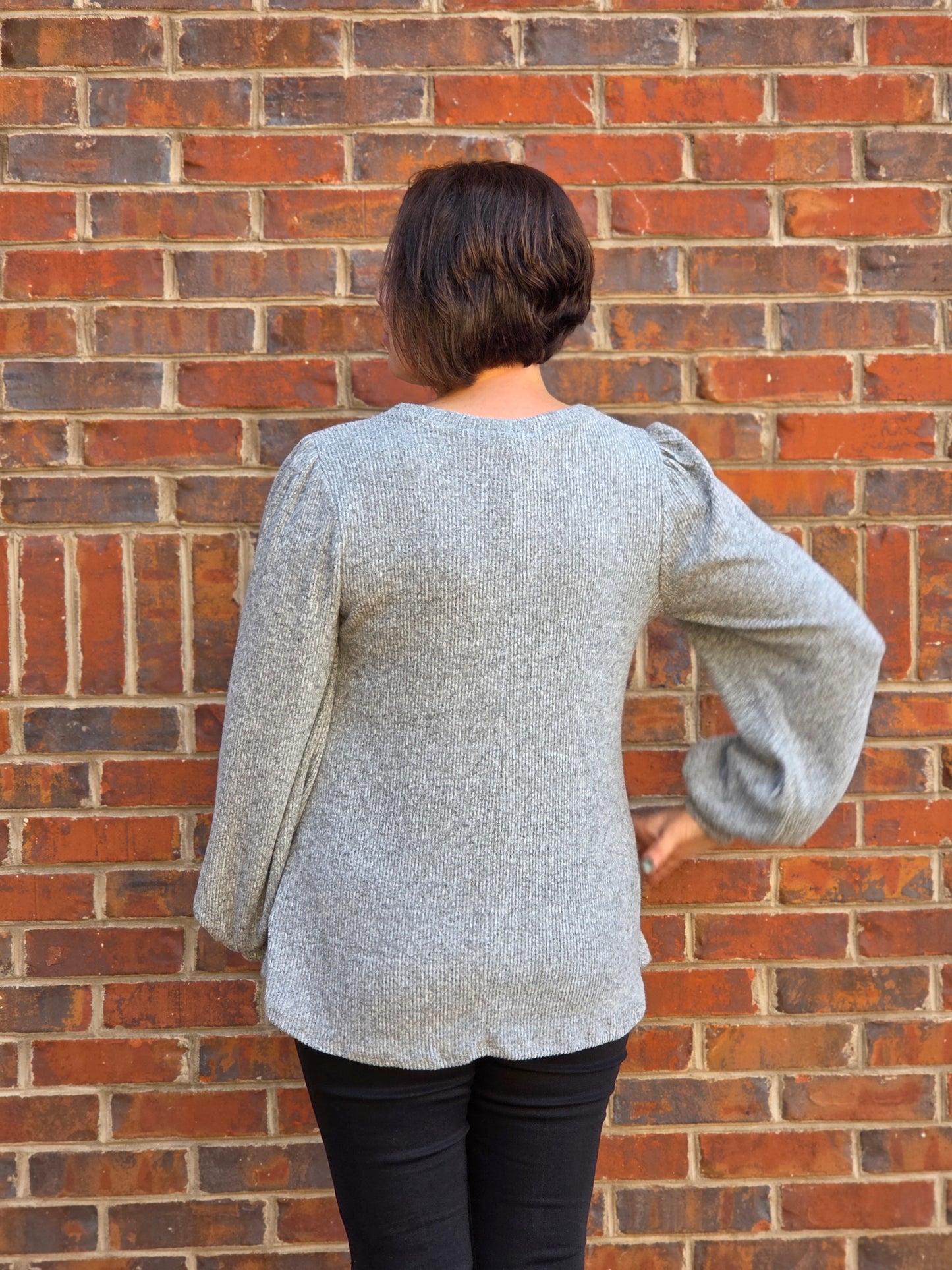 Puff Sleeved Ribbed Top in Heather Grey