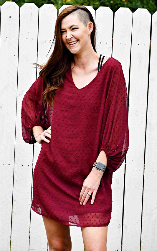 Scoop Neck Swiss Dot Balloon Sleeve Mini Dress in Wine