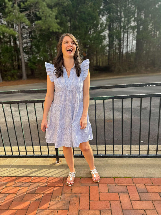 Collared V-Neck Tiered Mini Dress in Blue