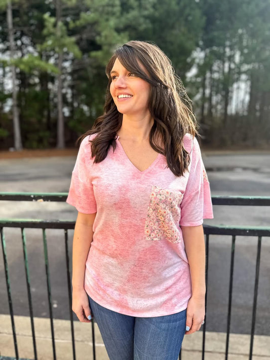Short Sleeve With Floral Contrast Top in Tie Dye Pink