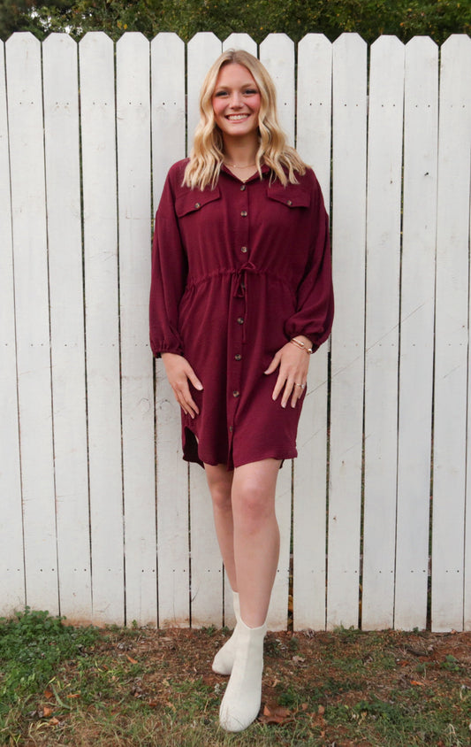 Drawstring Waist Shirt Midi Dress in Merlot