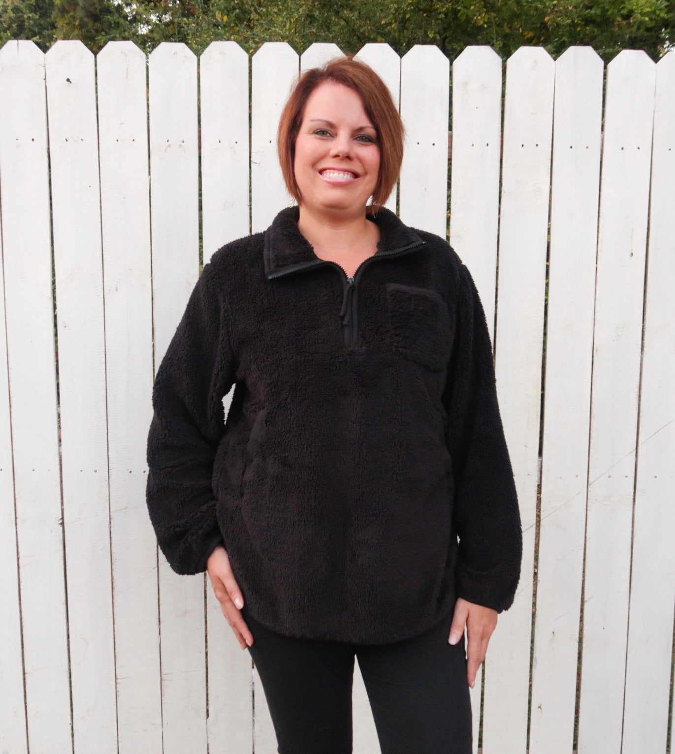 Faux Fur Long Sleeve Front Half Zip Up Top in Black