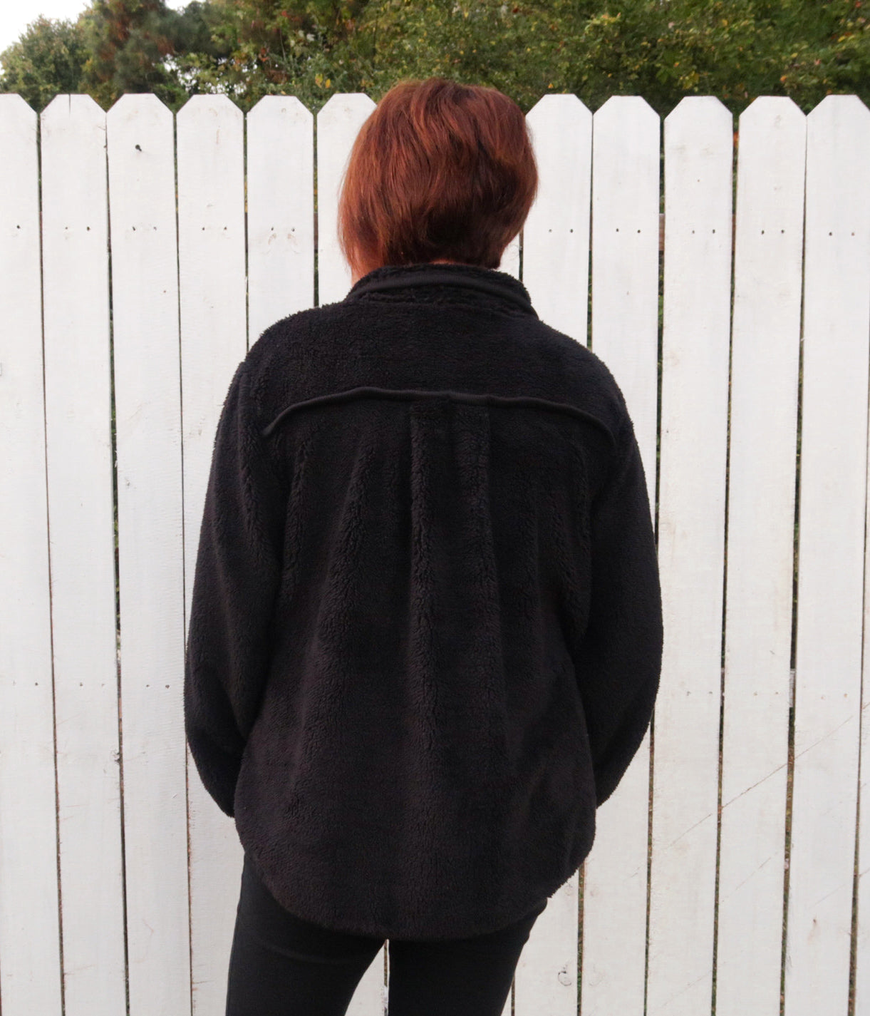 Faux Fur Long Sleeve Front Half Zip Up Top in Black