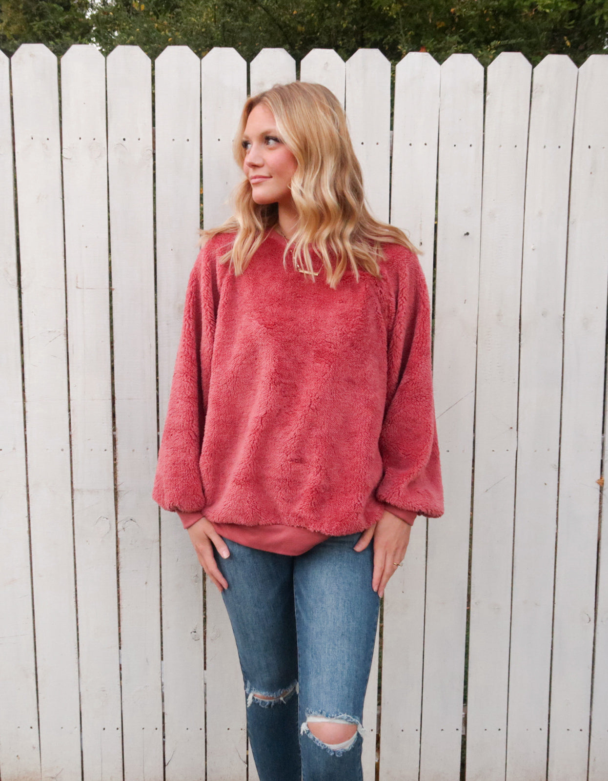Faux Fur Crew Neck Sweatshirt Top in Mauve