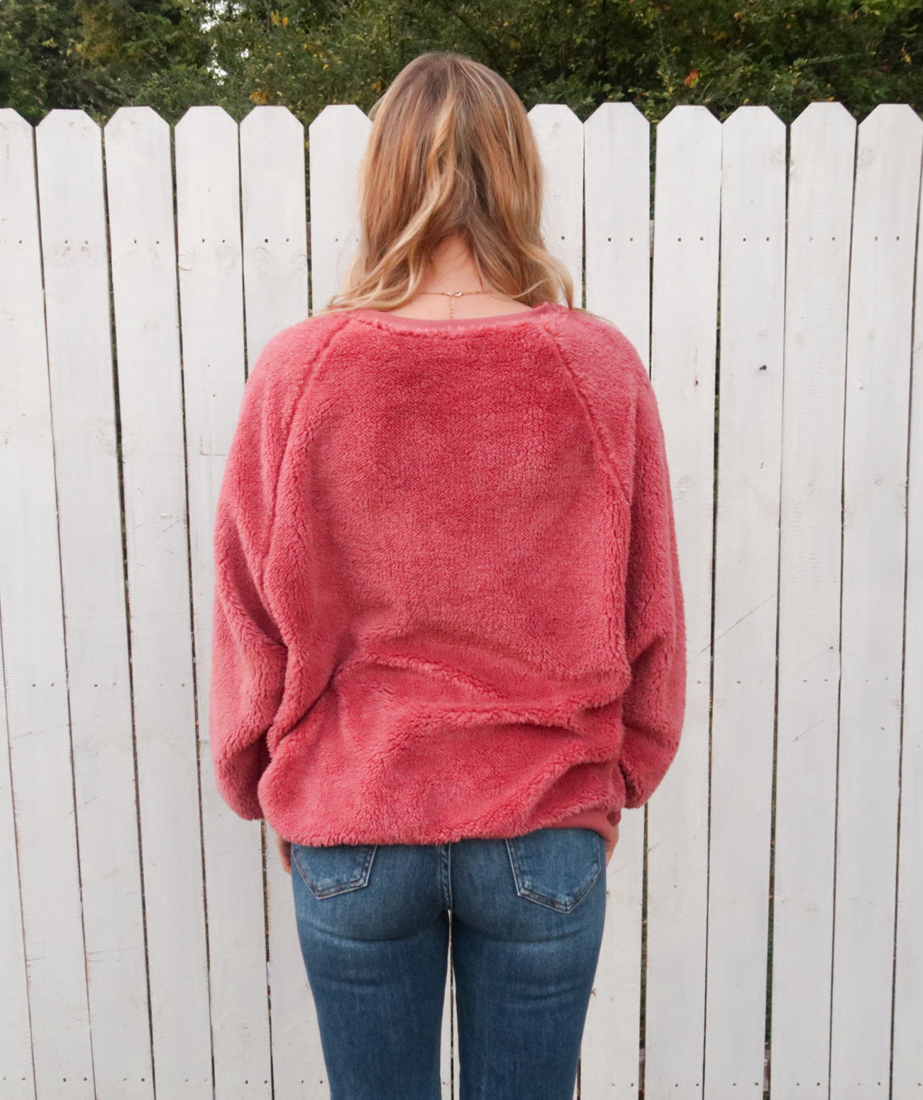 Faux Fur Crew Neck Sweatshirt Top in Mauve