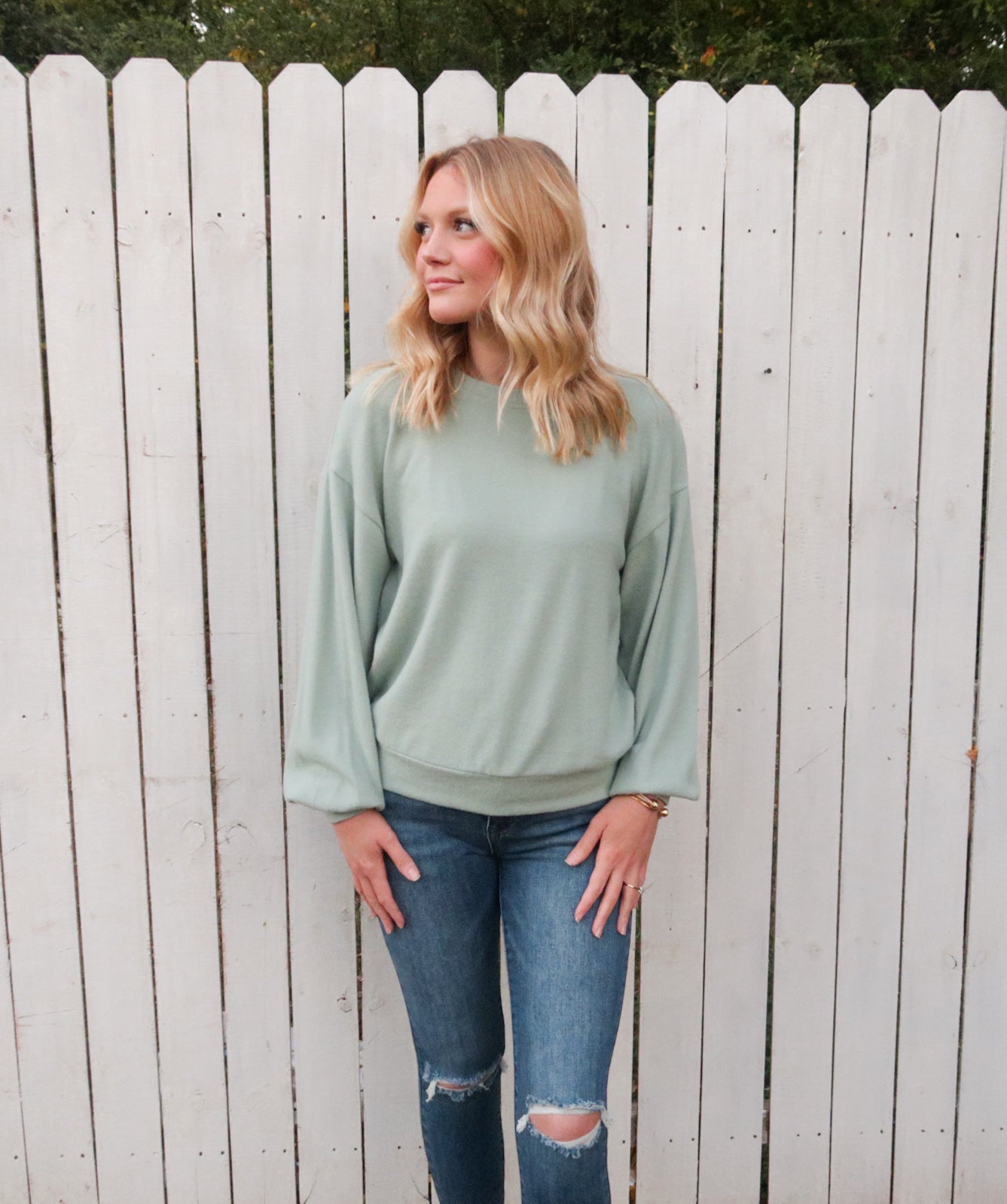 Balloon Sleeve Top in Iceberg Green