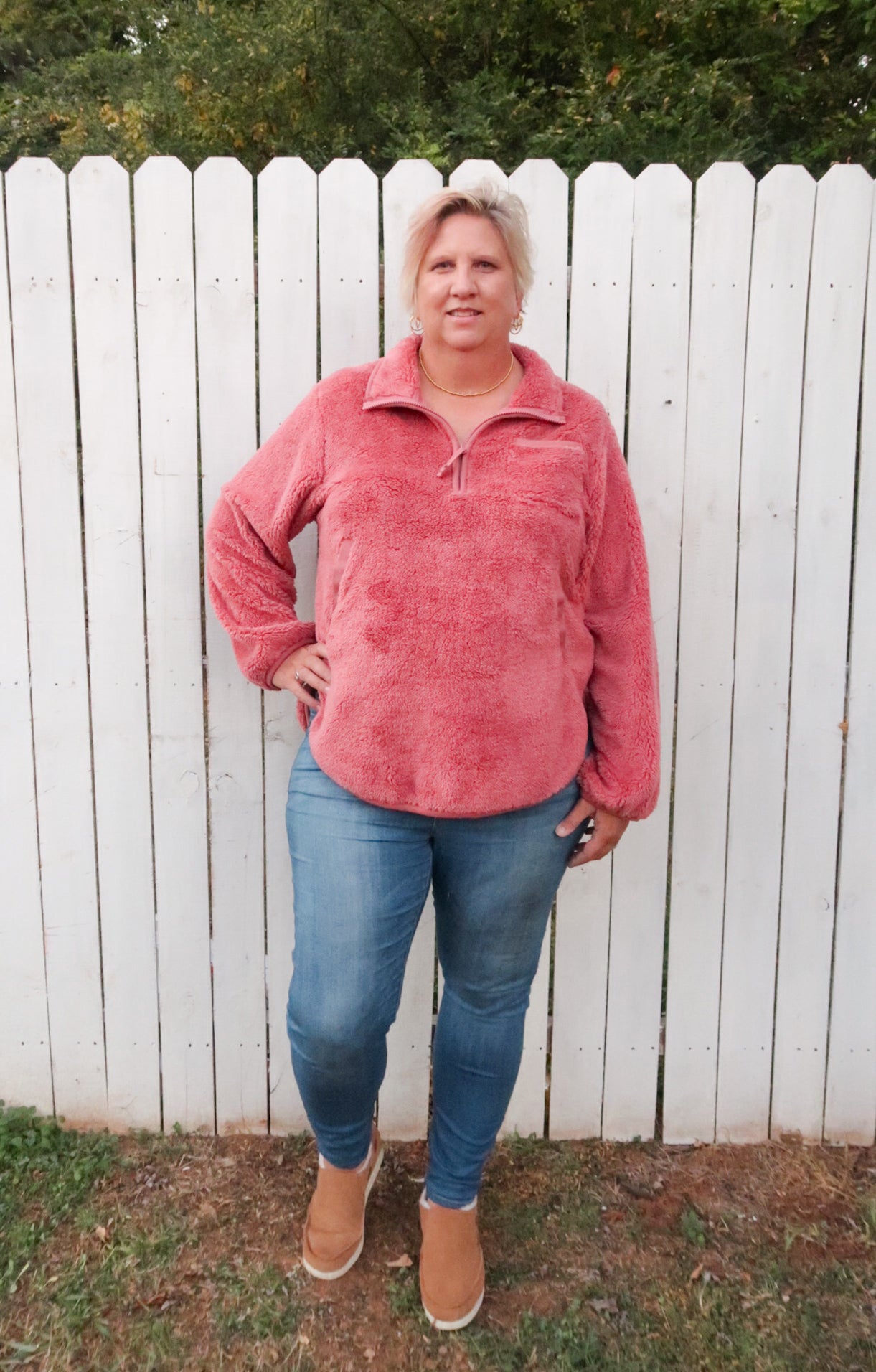Faux Fur Long Sleeve Front Half Zip Up Top in Mauve