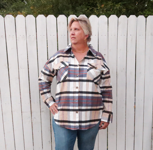Plaid Button Up Long Sleeve Top in Ivory