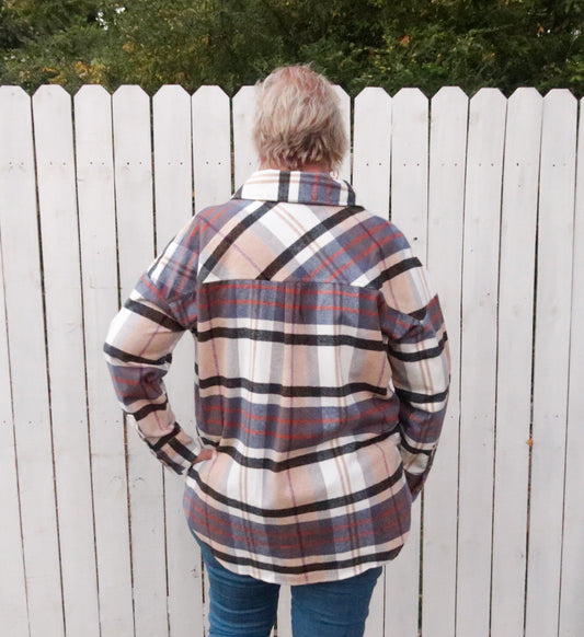 Plaid Button Up Long Sleeve Top in Ivory