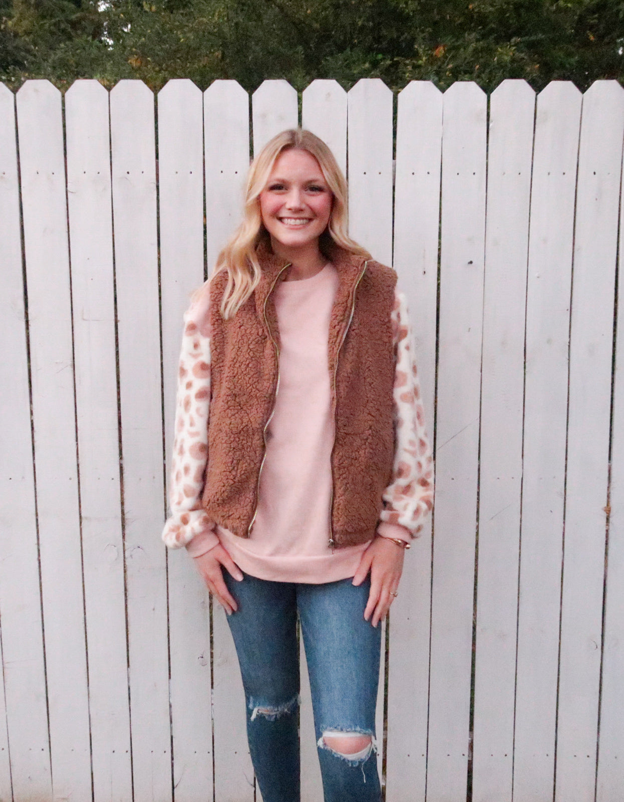 Sleeveless High Neck Zip Up Teddy Bear Vest in Mocha