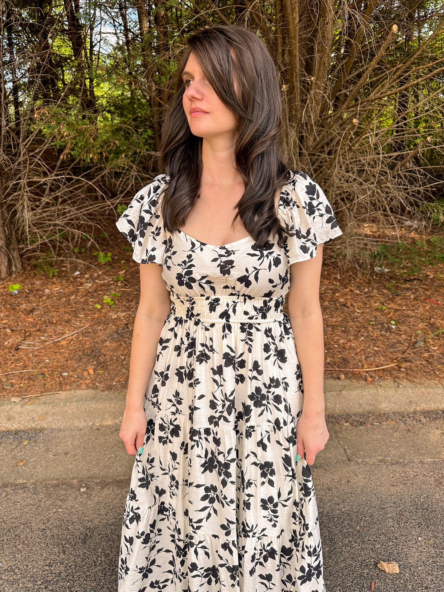 Floral Scoop Neck Tiered Midi Dress in Cream and Black