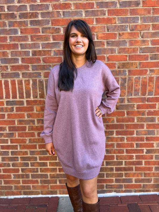 Long Balloon Sleeve Brush Knit French Terry Dress in Burgundy