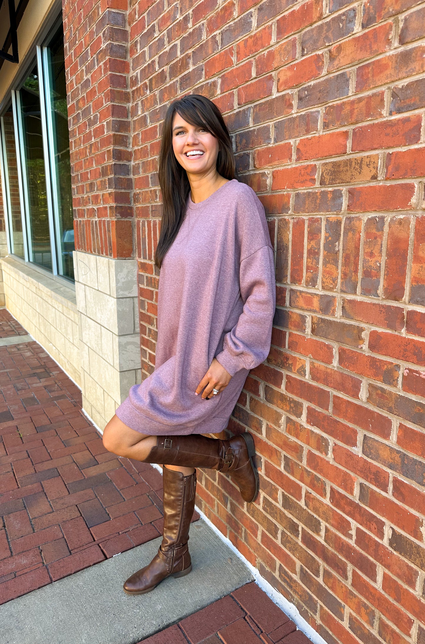 Long Balloon Sleeve Brush Knit French Terry Dress in Burgundy