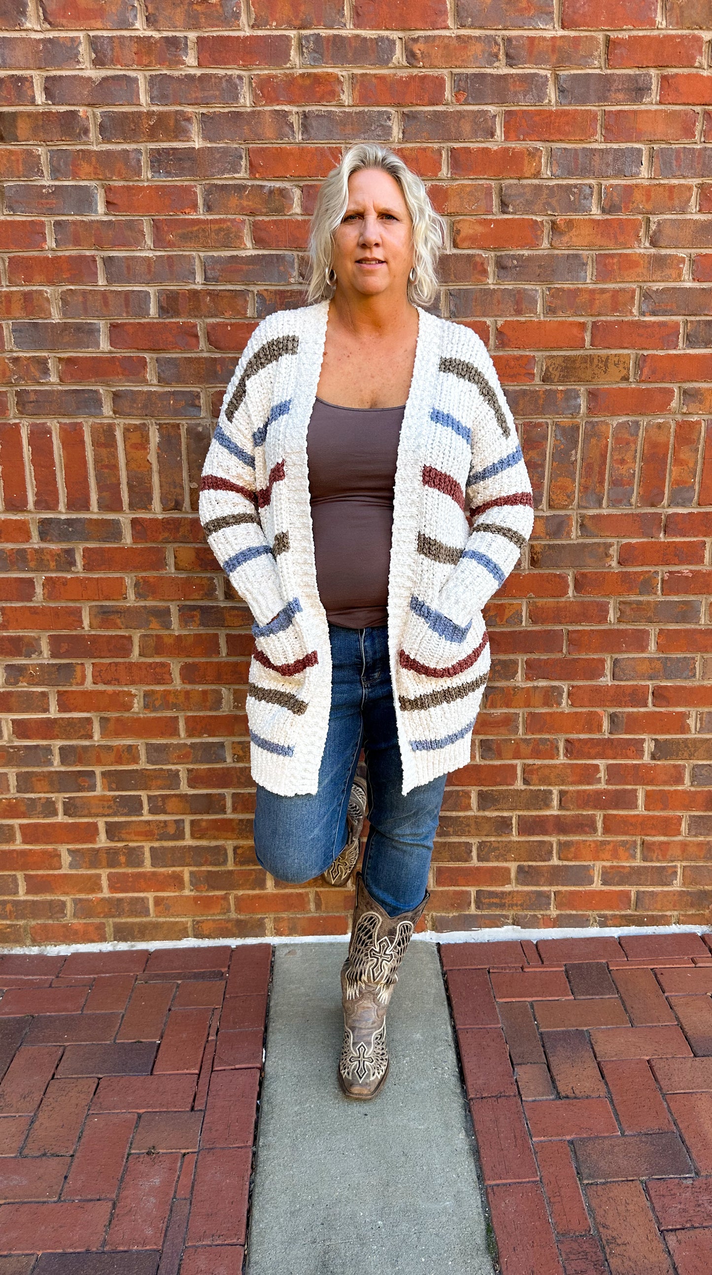 Striped Chunky Knit Sweater Cardigan in Ivory
